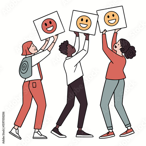 Diverse people holding up happy emoji signs vector