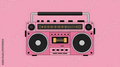 A pink boom box with black circles and a black screen