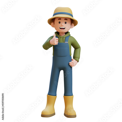 3D young farmer character gives a thumbs up