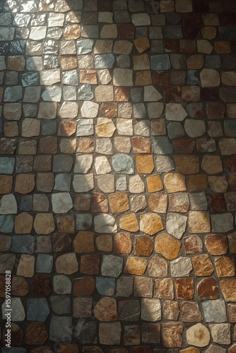 Natural sunlight casts soft shadows across a rustic mosaic stone floor, highlighting the texture, color variation, and artisanal craftsmanship of the carefully arranged surface

