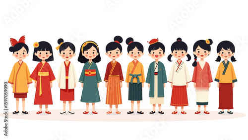 A line of cartoon girls wearing different traditional outfits