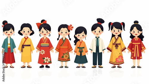 Illustration of 7 smiling girls each wearing a uniquely styled outfit lined up on a white background