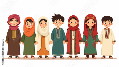 Seven cartoon children in traditional Middle Eastern attire stand in a row