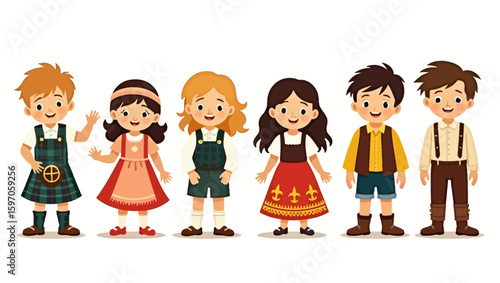Six cartoon children stand sidebyside wearing traditional European clothing