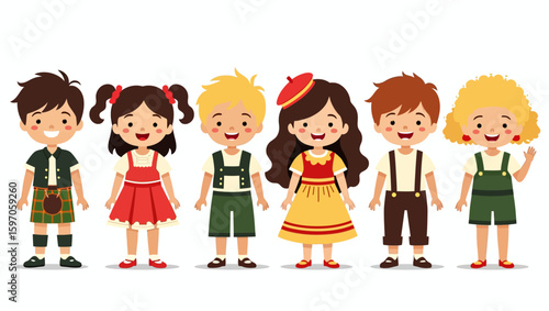 Six cartoon children each wearing distinct cultural or vintage attire stand smiling against a white backdrop