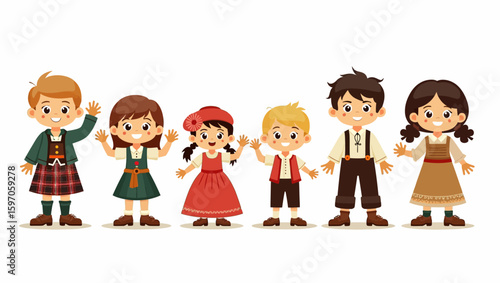 Six children in traditional costumes wave standing in a row