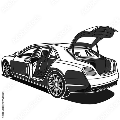 Luxury sedan with open doors and trunk luxury car open trunk