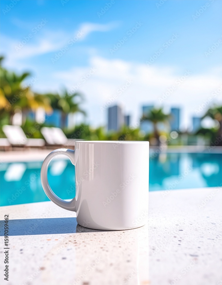 Fototapeta premium White Mug Mockup on Terrazzo Table with City View