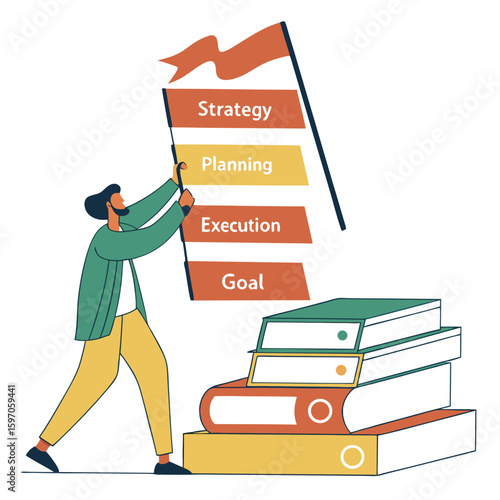Man holding flag with strategy planning execution goal above books vector