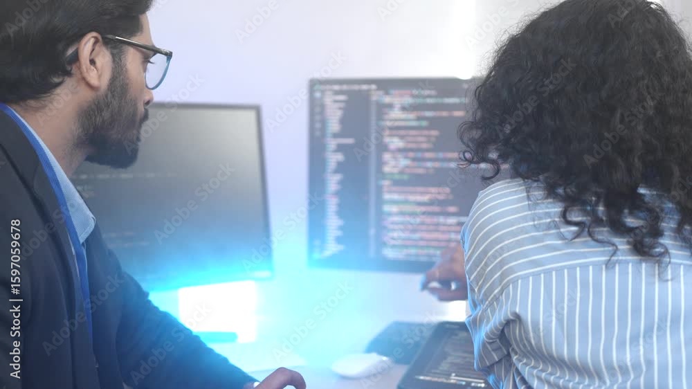 A senior software engineer leads a code review session, mentoring his diverse team on a complex project. Concept for agile development, knowledge transfer, and teamwork.