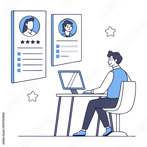 Man reviewing candidate profiles on computer desk chair
