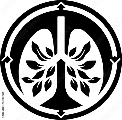 black and white icon of lungs and tree combined in circular design with arrows, sustainability
