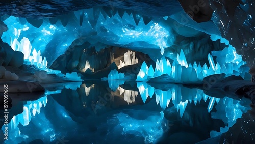 Glistening ice cave interior with sharp formations reflected in still water, illuminated with a vibrant blue light.