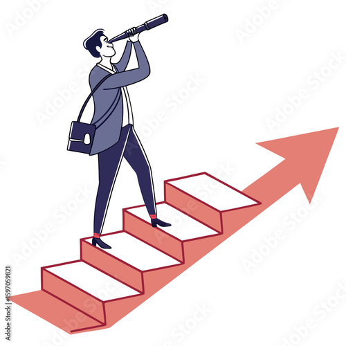 Man with telescope climbing stairs on arrow platform vector