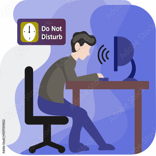 Man working at desk with do not disturb sign computer