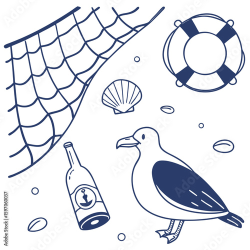 Nautical elements sketch with seagull and life preserver marine