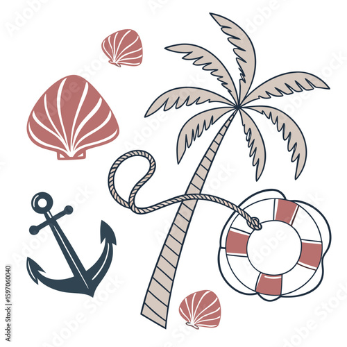 Nautical elements with palm tree and shells beach anchor