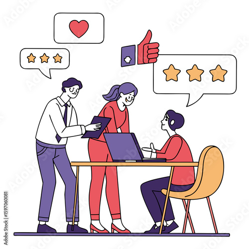 Office team discussing feedback with icons business teamwork