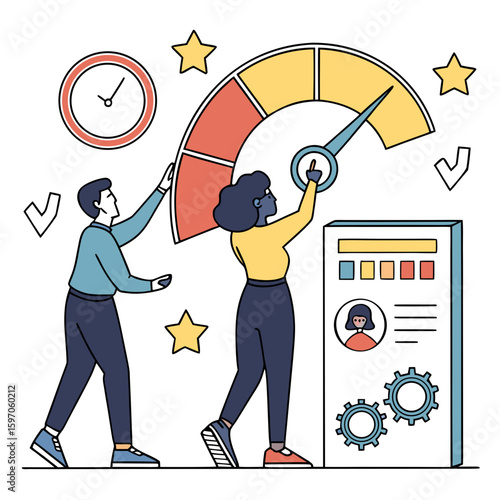 People adjusting progress meter with data display and gears woman gauge