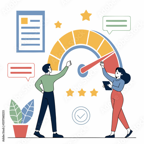 People adjusting progress meter with stars and chat bubbles document