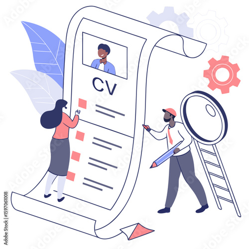 People reviewing large cv document with magnifying glass and pencil resume job application