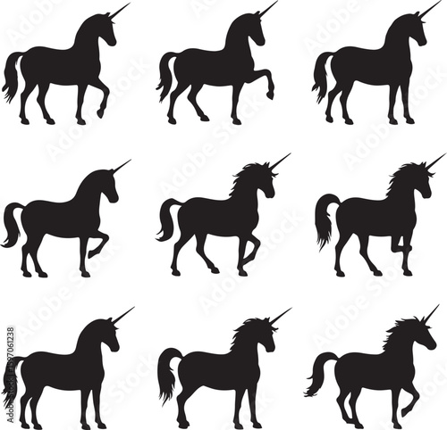 Black unicorn silhouettes various poses horse animal