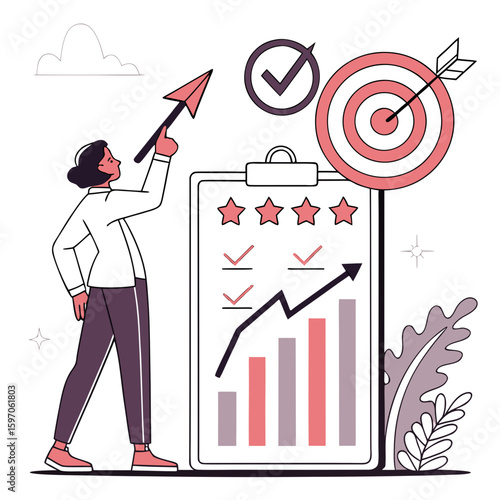 Person with arrow pointing at target board and graph business success
