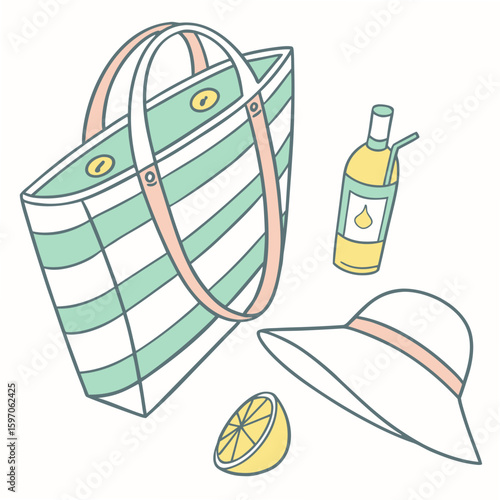 Retro Summer Beach Essentials With Tote Hat And Drink tote bag sun hat