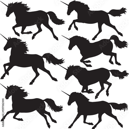 Black unicorns galloping wild horse silhouette