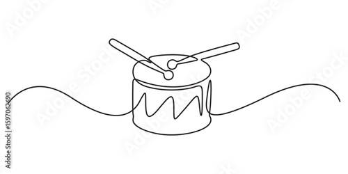 Continuous single line drawing of little drum with drum sticks. Percussion music instruments concept. Continuous line draw design graphic illustration