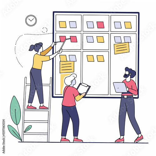 Team collaborating on a kanban board with sticky notes collaboration project management