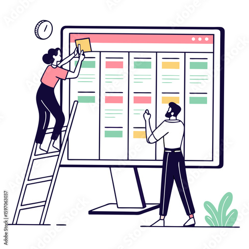 Team collaborating on digital kanban board teamwork collaboration