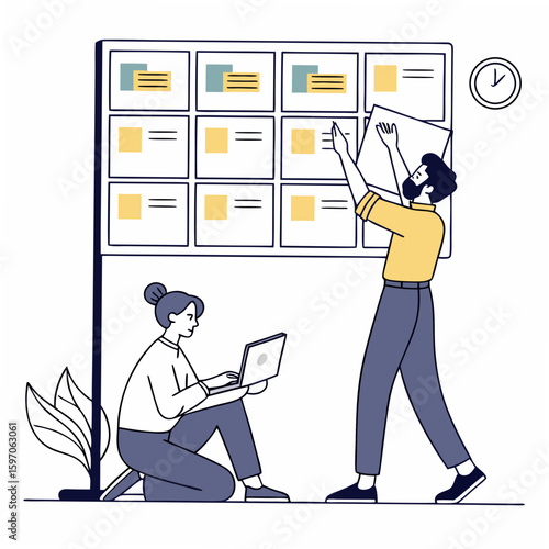 Team collaborating on kanban board with laptop teamwork collaboration