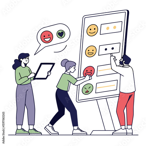 Team members interacting with feedback display people discussion