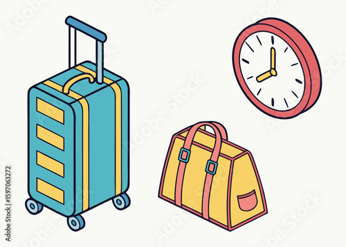 Teal yellow wheeled luggage and duffel bag with clock suitcase travel