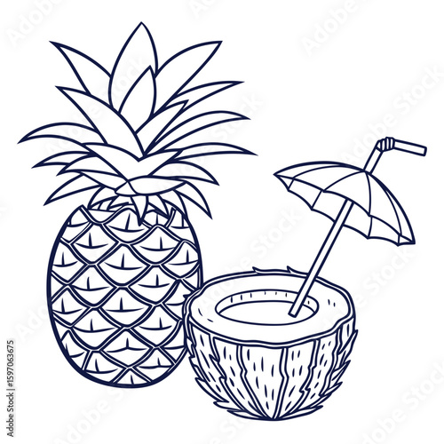 Tropical pineapple and coconut drink with umbrella beverage