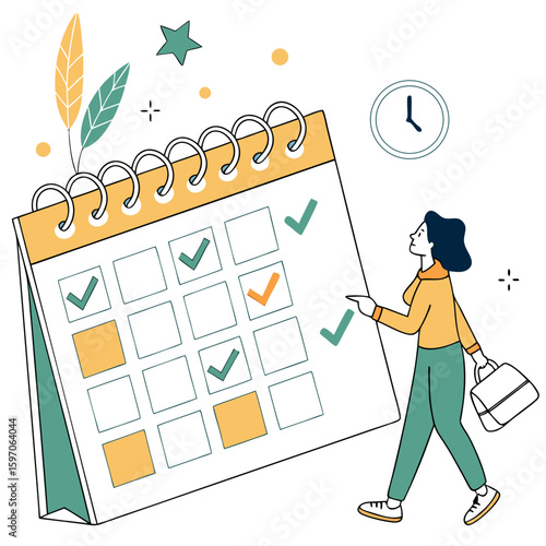 Woman checking off tasks on a desk calendar with clock checklist task management