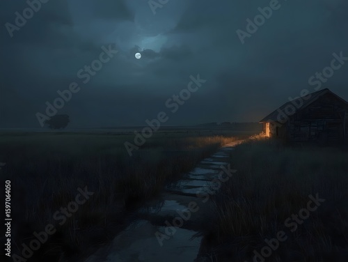 Mysterious rural landscape under a full moon with a dark cloudy sky, a glowing cabin in the distance, and a wet stone path leading through the field evokes eerie and cinematic atmosphere

