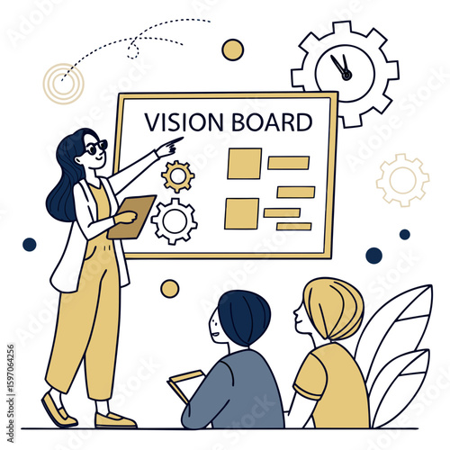 Woman presenting vision board to colleagues business meeting presentation