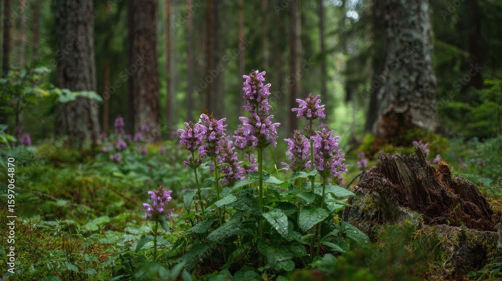 Obraz premium Serene Forest: Purple Flowers in a Mystical Woodland