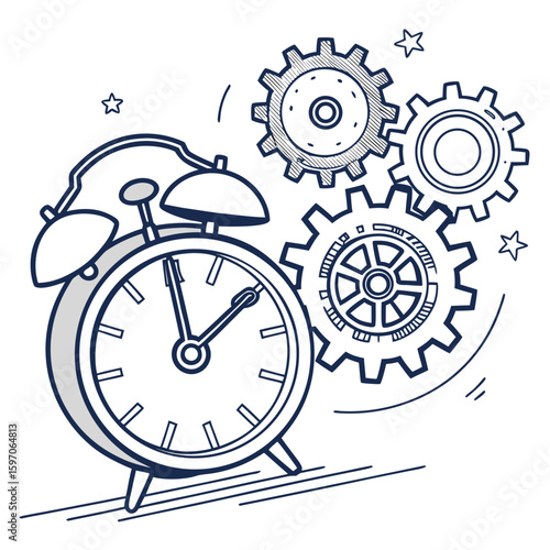 Alarm clock with gears and stars time mechanism