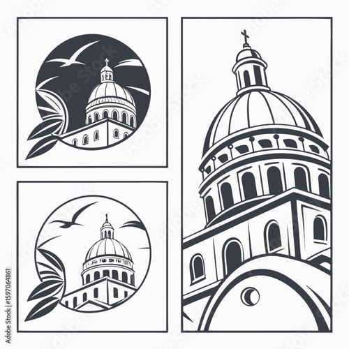 Architectural dome building with flying birds and foliage