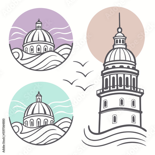 Architectural domes and tower with birds architecture