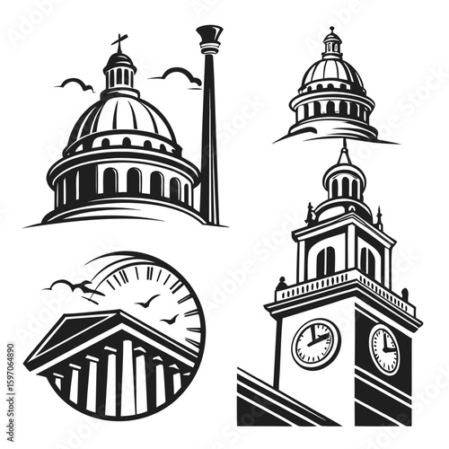 Architectural Icons With Domes And Clocks architecture