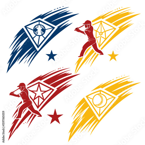 Baseball player hitting ball with star emblem and brush strokes