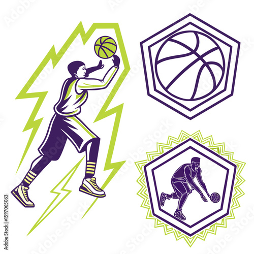 Basketball player action icons with lightning and geometric frames