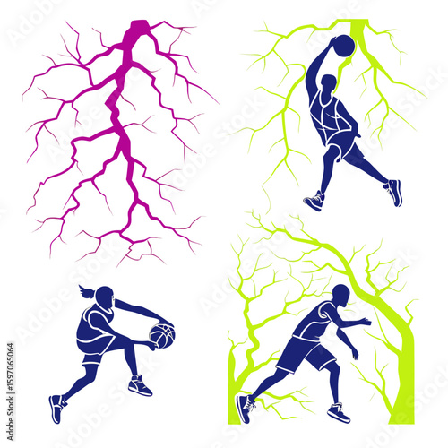 Basketball players dunking and dribbling with jagged branches