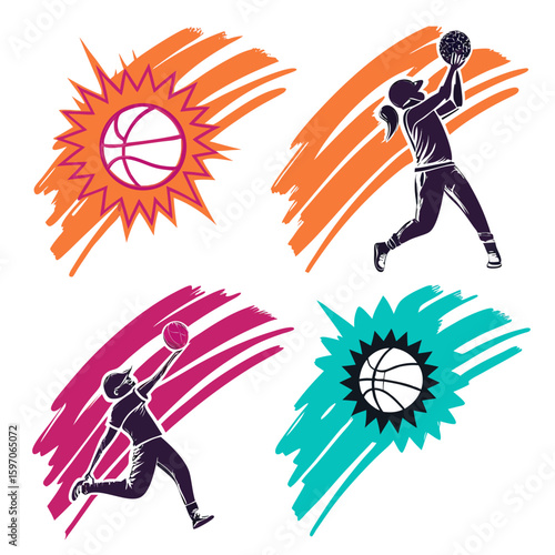 Basketball players performing dynamic actions with colorful splashes