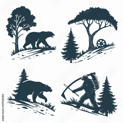 Bear trees and lumberjack with scythe forest nature