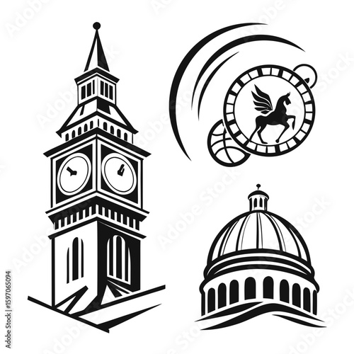Big Ben clock tower dome and winged horse emblem vector
